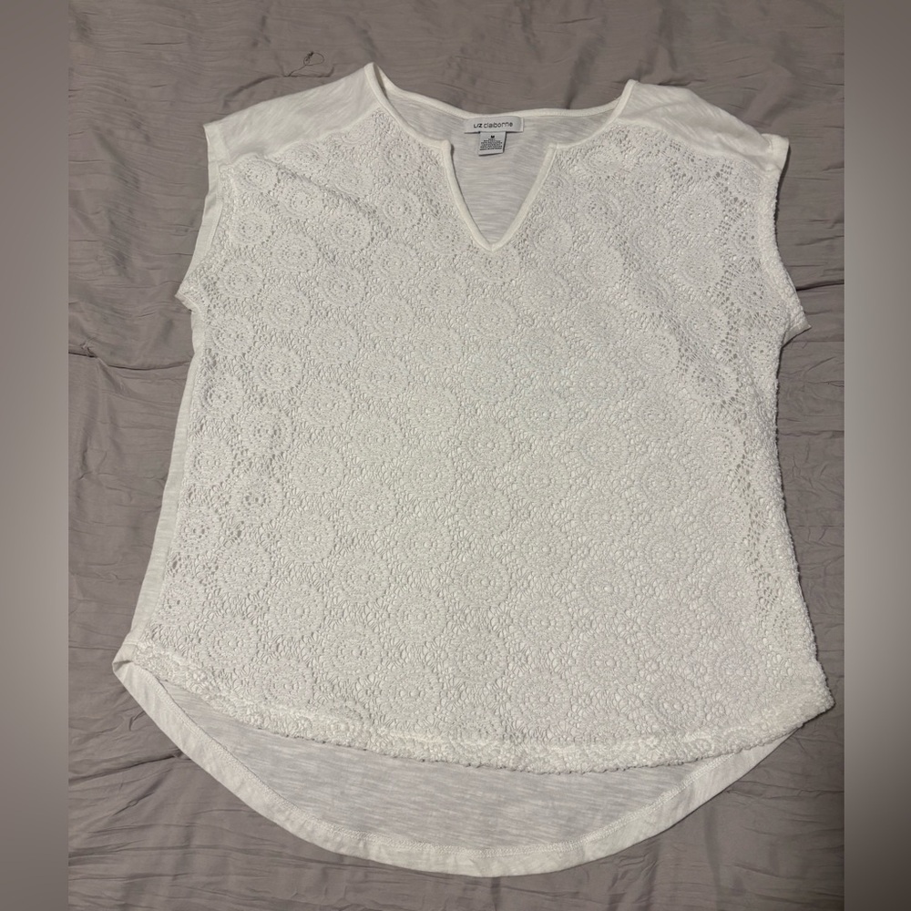 Liz Claiborne v-neck top, size M, white lace front